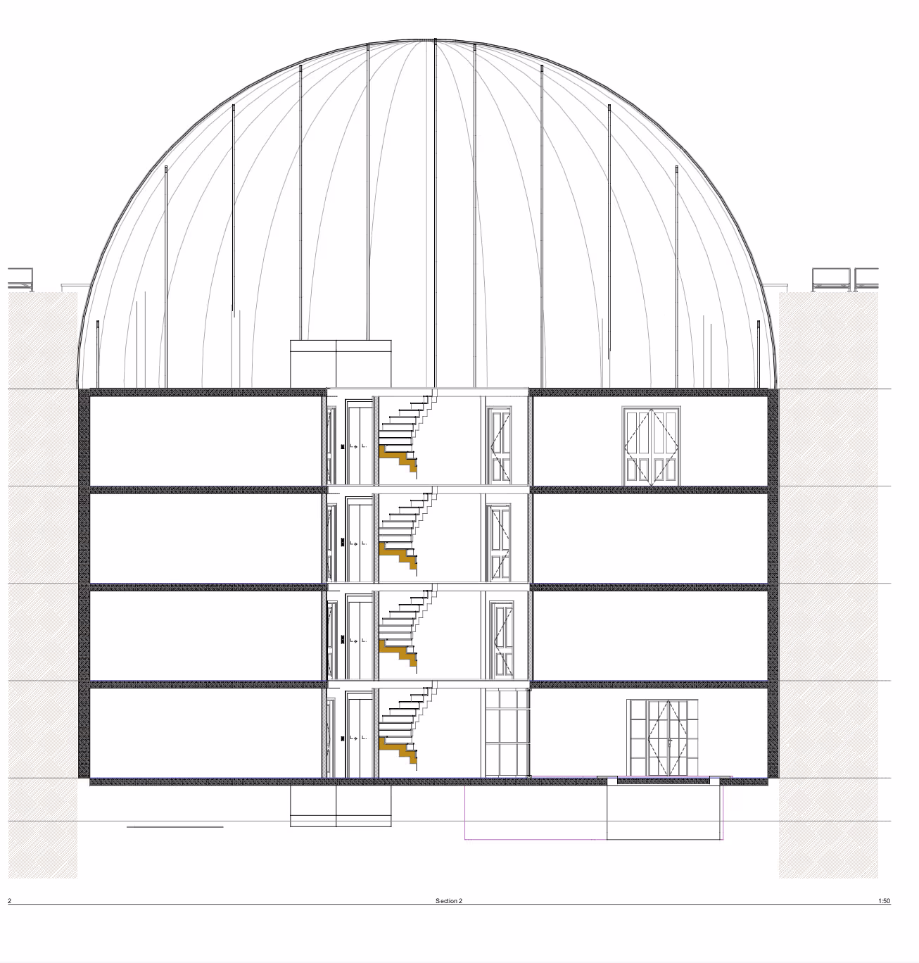 Architectural cross-section drawing of underground dome structure