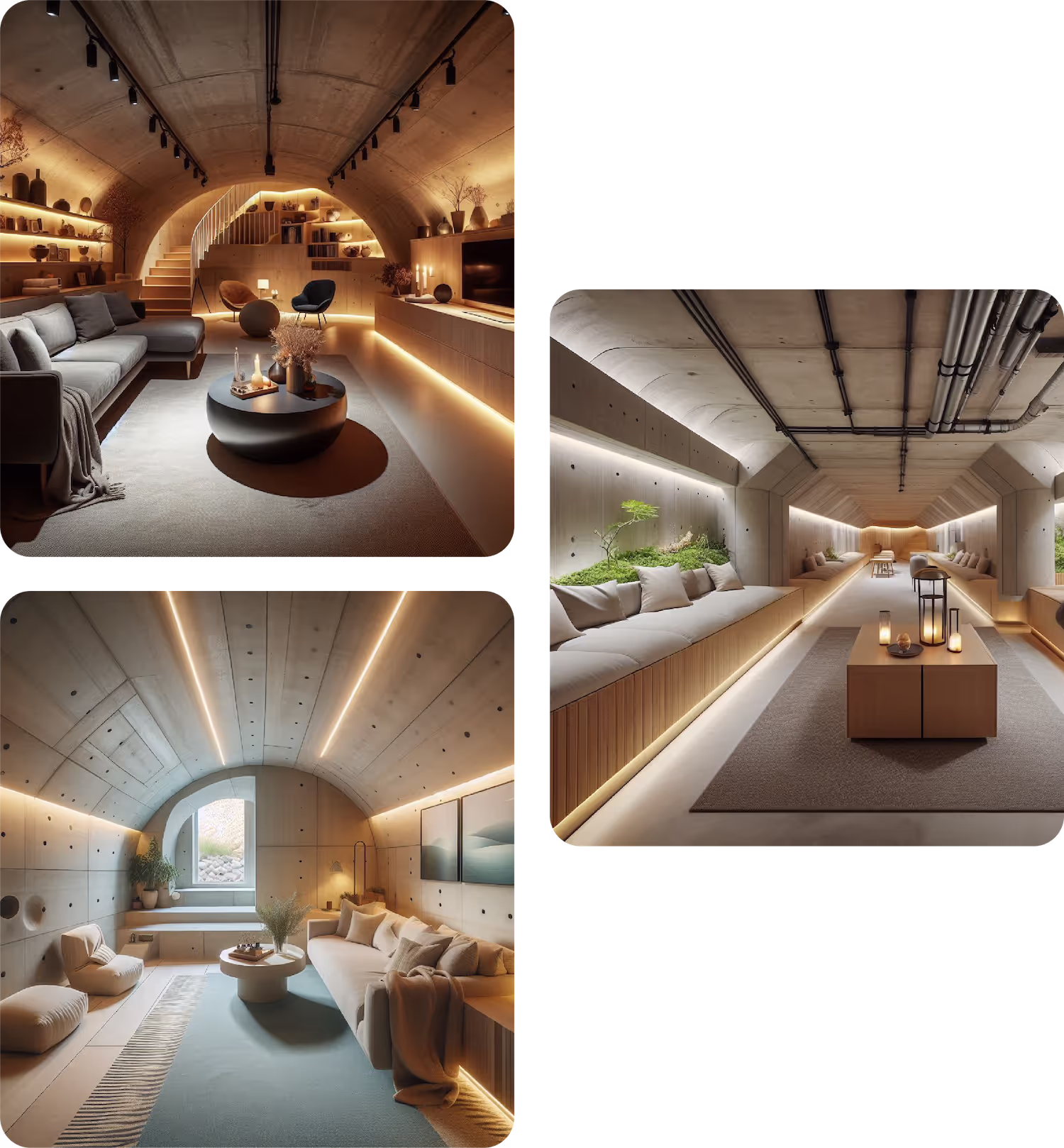 Various Internal Renders of subterranean living spaces